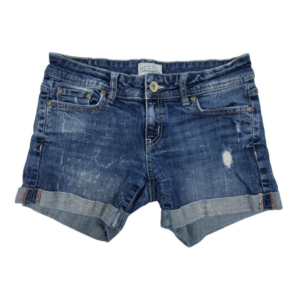 Aeropostale Womens shorts sz 1/2 distressed bleach splatter cuffed med wash